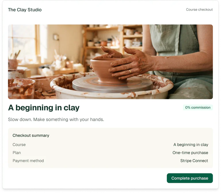 A course checkout for A beginning in clay showing the checkout summary and a Complete purchase button, with 0% commission.