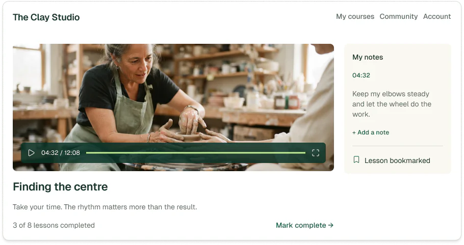 A learner lesson in The Clay Studio: a video, notes tied to a timestamp, and course progress.