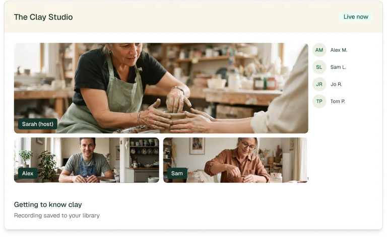 A live class in The Clay Studio with the host and two students on video, and a recording saved to the library.