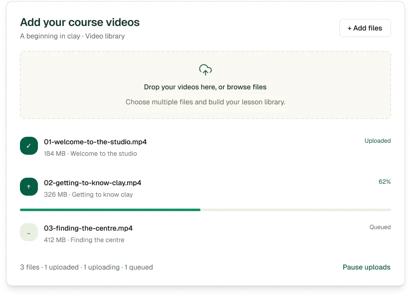 A video library for A beginning in clay showing three files: one uploaded, one at 62 percent and one queued.